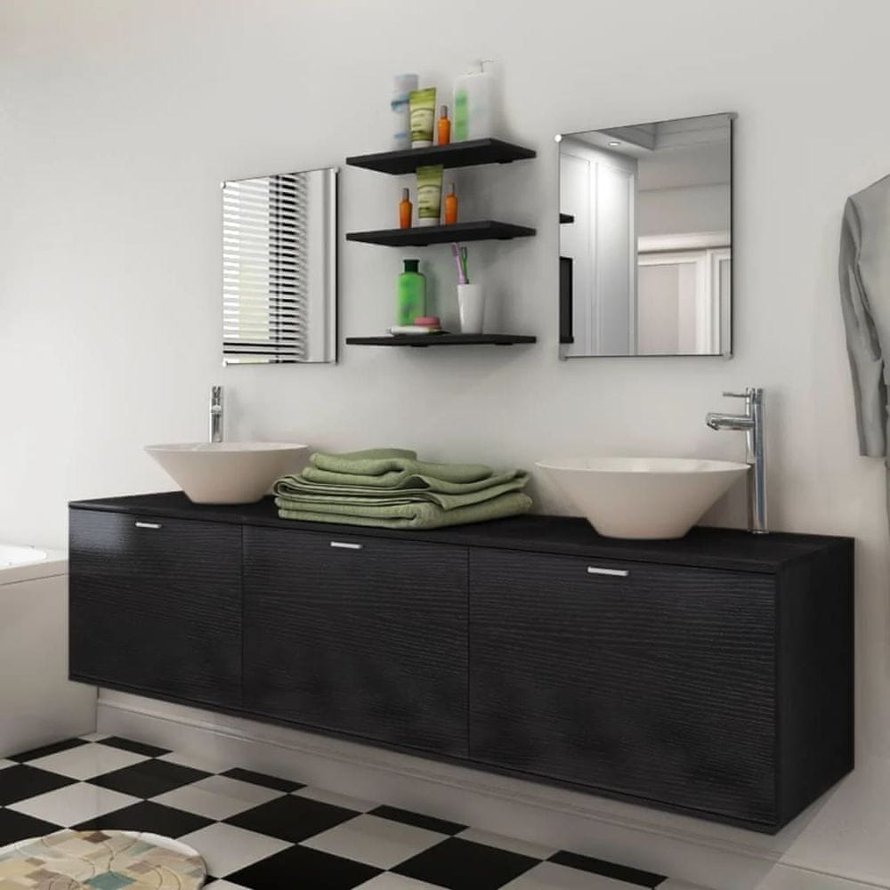 Vidaxl 10-dielna čierna sada kúpeľového nábytku s umývadlom a batériou